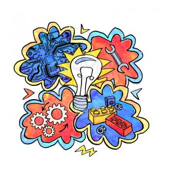 Collage in cartoon style on the theme of invention . Isolated composition on a white background. Illustration - sticker, print.