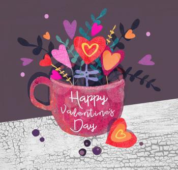 Still life with a cup with hearts. Postcard valentine. Love Concept.