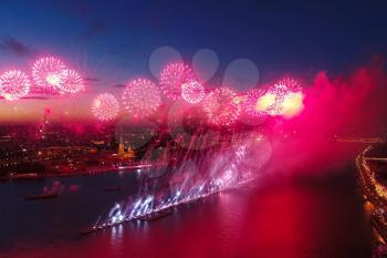 Salute Scarlet Sails. The festive salute is grandiose. Fireworks pyrotechnics.