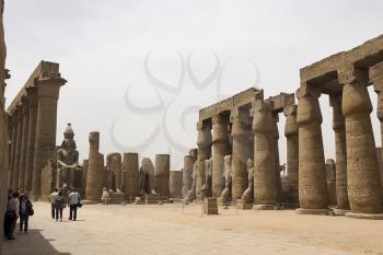 Giza Museum Complex, Egypt - 27 August 2017: Buildings and columns of ancient Egyptian megaliths. Ancient ruins of Egyptian buildings