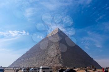 Giza Museum Complex, Egypt - 27 August 2017: Pyramids of giza. Great pyramids of Egypt. The seventh wonder of the world. Ancient megaliths