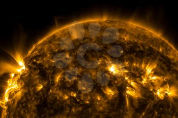 View of the sun through filters, 3D rendering computer graphics of the sun near. The star is the sun.