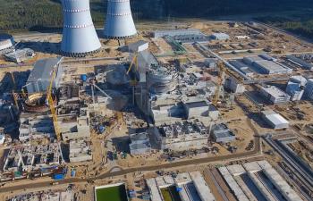 Aerial survey of a nuclear power plant under construction. Installation and construction of a power plant. Nuclear power.