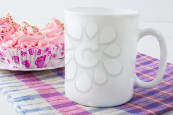 Coffee mug mockup with checkered napkin. White mug mockup. Mug Product Mockup. Styled mockup. Product mockup. White cup mockup. Cup mockup. Empty Mug Mockup.  Blank mug. 
