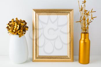 Frame mockup with golden vase. Frame mockup. Poster Mockup. Styled mockup. Product mockup.  Design Mockup. Gold frame mockup. White frame mockup. 