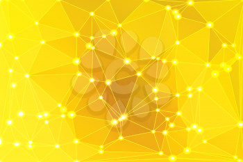 Bright golden yellow abstract low poly geometric background with white triangle mesh and defocused lights.