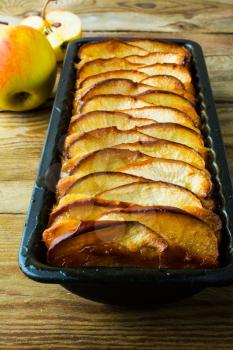 Glazed rustic apple pie, fruit dessert, tart, selective focus 