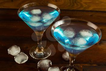 Blue Lagoon cocktail close up. Blue cocktail. Blue curacao liqueur. Blue Martini. Blue margarita. Blue Hawaiian cocktail
