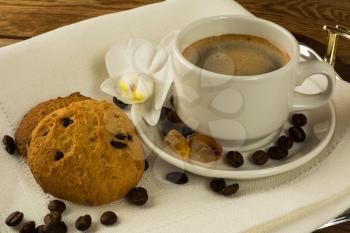 Coffee cup and cookies on the serving tray. Cup of coffee. Morning coffee