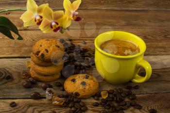Coffee cup, cookies and yellow  orchid. Cup of coffee. Coffee break. Morning coffee. Coffee cup