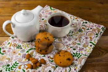 Cookies, almond and tea. Tea time. Homemade cookies. Sweet dessert. Homemade biscuit. Breakfast cookies. Tea cup