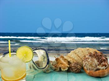 Seashells and beach cocktail. Beach cocktail. Beach party.  Beach drink. Tropical relax.