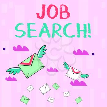 Writing note showing Job Search. Business concept for act of looking for employment due to unemployment underemployment Colorful Airmail Letter Envelopes and Two of Them with Wings