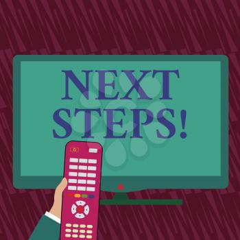 Text sign showing Next Steps. Business photo showcasing something you do after you have finished something else Hand Holding Computer Remote Control infront of Blank Wide Color PC Screen