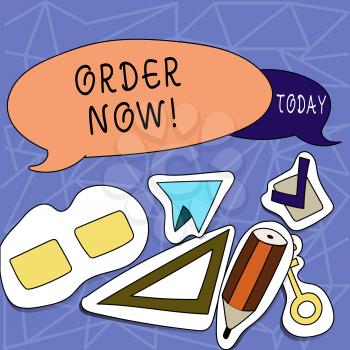 Text sign showing Order Now. Business photo showcasing confirmed request by one party to another to buy or sell Two Blank Colorful Speech Balloon and Different Labels Sticker Style Icons