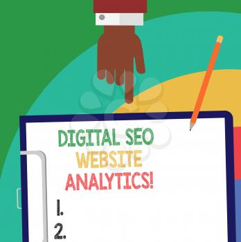 Handwriting text Digital Seo Website Analytics. Concept meaning Search Engine Optimization Online strategy Hu analysis Hand Pointing Down to Clipboard with Blank Bond Paper and Pencil