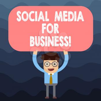 Text sign showing Social Media For Business. Conceptual photo Making money by posting adds on the internet Man Standing Holding Above his Head Blank Rectangular Colored Board