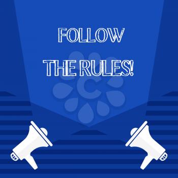 Text sign showing Follow The Rules. Business photo showcasing go with regulations governing conduct or procedure Blank Double Spotlight Crisscrossing Upward from Two Megaphones on the Floor