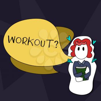 Handwriting text writing Workoutquestion. Conceptual photo Activity for wellness bodybuilding training exercising Girl Holding Book with Small Hearts Around her and Two Color Speech Bubble