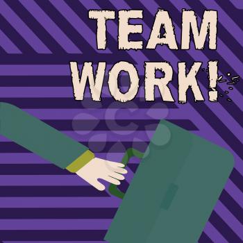 Text sign showing Team Work. Business photo showcasing combined action of group especially when effective and efficient Rushing Businessman Arm Swayed Farther Back and Hand Holding Color Briefcase