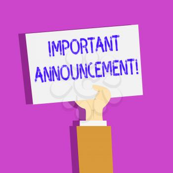 Conceptual hand writing showing Important Announcement. Concept meaning spoken statement that tells showing about something Clipart of Hand Holding Up Sheet of Paper on Pastel Backdrop