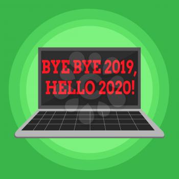 Writing note showing Bye Bye 2019 Hello 2020. Business concept for saying goodbye to last year and welcoming another good one Laptop with Grid Design Keyboard Screen on Pastel Backdrop