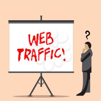 Word writing text Web Traffic. Business photo showcasing amount of data sent and received by visitors to website Businessman with Question Mark Above his Head Standing Beside Blank Screen