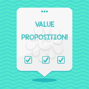 Text sign showing Value Proposition. Business photo showcasing innovation service intended make product attractive Blank Space White Speech Balloon Floating with Three Punched Holes on Top