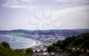 Llandudno Sea Front North Wales, United Kingdom. View of beach in a beautiful summer day, United Kingdom. Views from the Great Orme. Photo shoot from the top of Conwy mountain to Llandudno