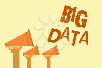 Text sign showing Big Data. Conceptual photo sets that so complex that traditional software cant deal with them Hands holding megaphones loudspeakers important message yellow background