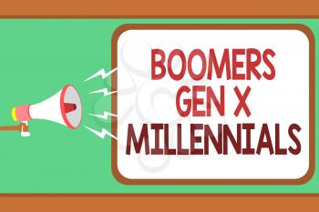 Word writing text Boomers Gen X Millennials. Business concept for generally considered to be about thirty years Man holding megaphone loudspeaker speech bubble message speaking loud