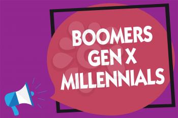 Text sign showing Boomers Gen X Millennials. Conceptual photo generally considered to be about thirty years Megaphone loudspeaker loud screaming purple background frame speech bubble