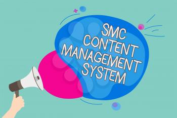Conceptual hand writing showing Smc Content Management System. Business photo showcasing mangae creation and modification of posts Man holding Megaphone screaming talk colorful speech bubble