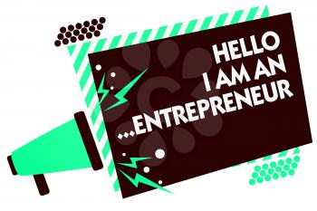 Word writing text Hello I Am An ...Entrepreneur. Business concept for person who sets up a business or startups Megaphone loudspeaker green striped frame important message speaking loud