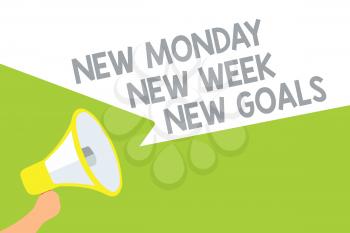 Text sign showing New Monday New Week New Goals. Conceptual photo Be positive every start of the week Megaphone loudspeaker speech bubbles important message speaking out loud