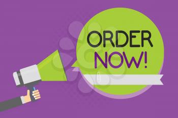 Text sign showing Order Now. Conceptual photo service restaurants or stores provide to get what you need home Man holding megaphone loudspeaker green speech bubble purple background