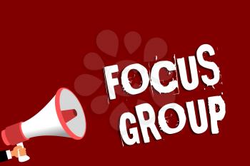 Handwriting text Focus Group. Concept meaning people assembled to participate in discussion about something Man holding megaphone loudspeaker red background message speaking loud