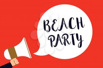 Handwriting text Beach Party. Concept meaning small or big festival held on sea shores usually wearing bikini Man holding megaphone loudspeaker speech bubble screaming red background