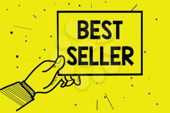 Word writing text Best Seller. Business concept for book or other product that sells in very large numbers Man hand holding paper communicating information dotted yellow background
