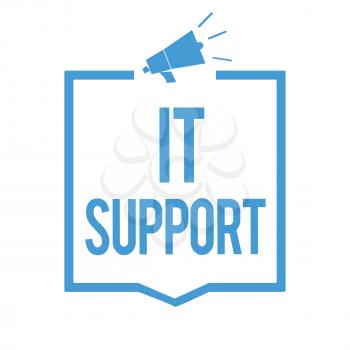 Word writing text It Support. Business concept for Lending help about information technologies and relative issues Megaphone loudspeaker blue frame communicating important information