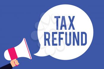 Text sign showing Tax Refund. Conceptual photo applied when money liability is less than the paid ones Man holding megaphone loudspeaker speech bubble screaming blue background