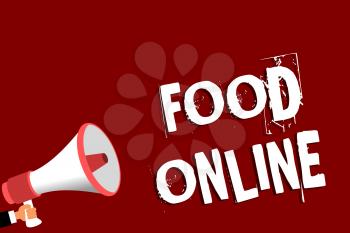 Handwriting text Food Online. Concept meaning asking for something to eat using phone app or website Man holding megaphone loudspeaker red background message speaking loud