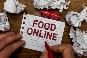 Writing note showing Food Online. Business photo showcasing asking for something to eat using phone app or website Man holding marker notebook page crumpled paper several tries mistakes