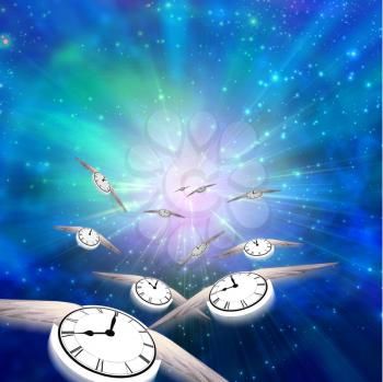 Surreal composition. Winged clocks represents flow of time