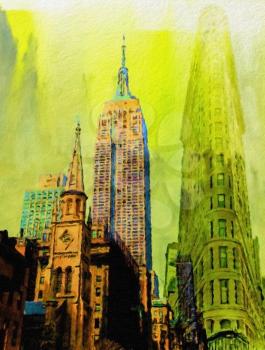 The Marble Collegiate Church and Empire State building in Manhattan. Oil painting
