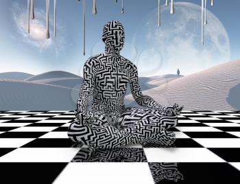 Surrealism. Man with maze pattern sits in lotus pose on a chess board. Lonely traveler in the white sands dune. 3D rendering