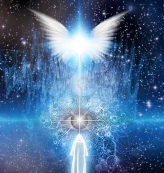 Spiritual sci fi scene with angel and cloaked figure