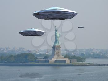 Flying saucers over Liberty statue.