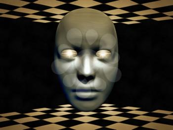 Surreal digital art. Mask with glowing eyes hovers between chessboards.