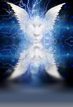Spiritual composition. White winged mask with lightnings